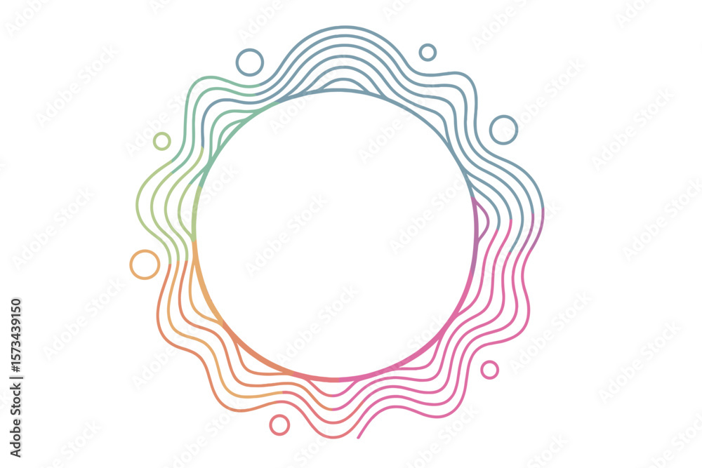 Poster colorful spectrum light with vector abstract circles and wavy lines in a round frame isolated on a b