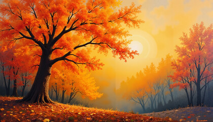 Fototapeta premium Illustrated landscape. Autumn delight: golden forest at sunset