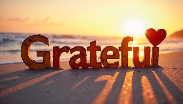Grateful Heart bold and colorful text on sandy beach at sunrise  