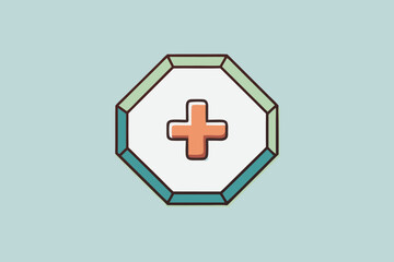 Obraz premium Light Blue Background Simple Graphic Design Featuring a Teal and Pale Green Double Lined Octagon Enclosing a Coral Medical Cross