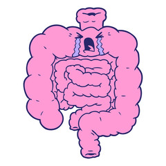 cartoon intestines crying in bright neon color