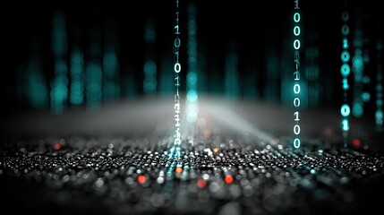 Abstract depiction of cascading binary code streams in an ethereal, blurred background with glowing effects, suggesting data processing.