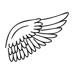 Fototapeta premium Simple outline of an angel wing with feathers curved upwards. Vector hand-drawn doodle illustration
