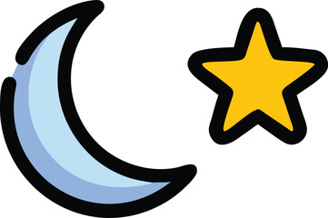 Light Blue Crescent Moon and Gold Star Icon Flat Vector Illustration Black Outline Simple Design yellow star