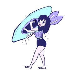 cartoon woman carrying canoe in bright neon color