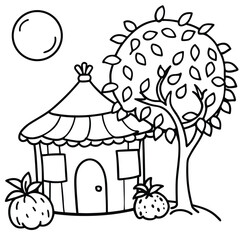 Rural hut with tree and other element kids coloring page