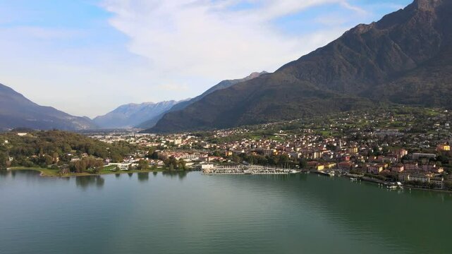 Aerial nature landscape near Colico village in Lake Como Italian Alps mountains in Lombardy