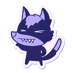 sticker of a angry wolf cartoon in bright neon color