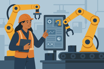 Female Engineer Supervising Automated Robotic Arms in Smart Factory, Industrial Automation Control, Digital Interface, Maintenance, Quality Assurance, Manufacturing Technology