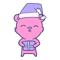 happy cartoon bear with gift in bright neon color