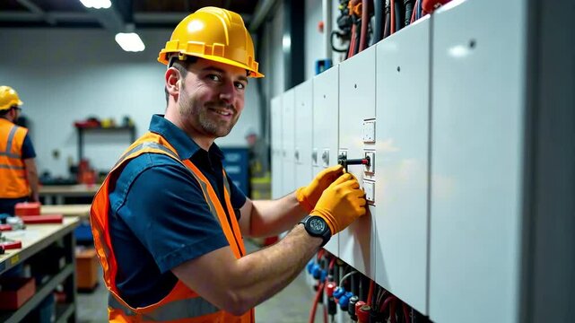Electrician working with electrical panel smiling at camera in industrial facility, professional technician in hard hat. Concept of electrical services, construction industry, industrial maintenance.