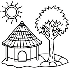 Rural hut with tree and other element kids coloring page