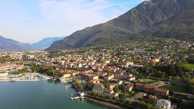 Aerial nature landscape near Colico village in Lake Como Italian Alps mountains in Lombardy