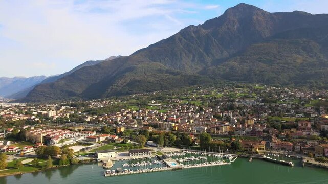 Aerial nature landscape near Colico village in Lake Como Italian Alps mountains in Lombardy