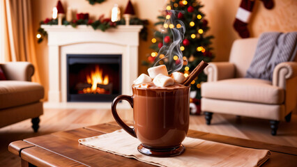 Hot testy chocolate with marshmallows by cozy fireplace and decorated Christmas tree