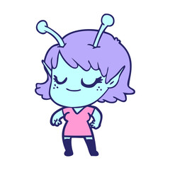smiling alien girl cartoon in bright neon color