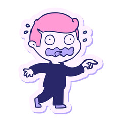 sticker of a cartoon stressed out pointing in bright neon color
