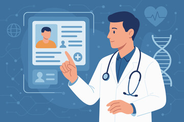 Doctor using digital touchscreen interface to access patient electronic medical records, DNA helix, healthcare technology, virtual network, telemedicine, medical innovation