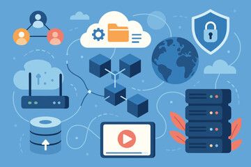 Cloud computing network services, blockchain data storage, secure server backup, internet cybersecurity, digital technology, social networking, global online connection