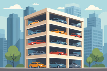 Multi-Level Parking Garage with Cars in Cityscape, Urban Vehicle Storage, Modern Architecture, High-Rise Car Park, Flat Vector Illustration, City Transportation Concept