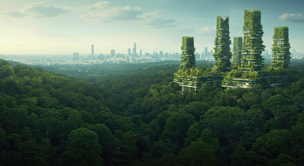 Obraz premium Futuristic green buildings emerging from dense forest landscape 