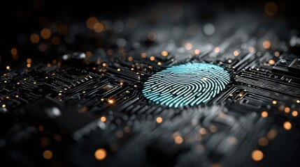 A glowing fingerprint icon overlaid onto a detailed circuit board, representing digital identification and security.