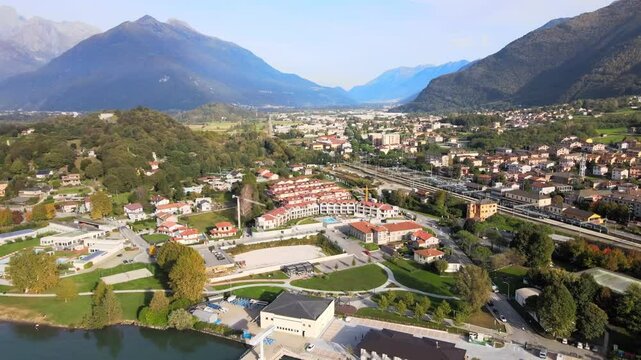 Aerial nature landscape near Colico village in Lake Como Italian Alps mountains in Lombardy