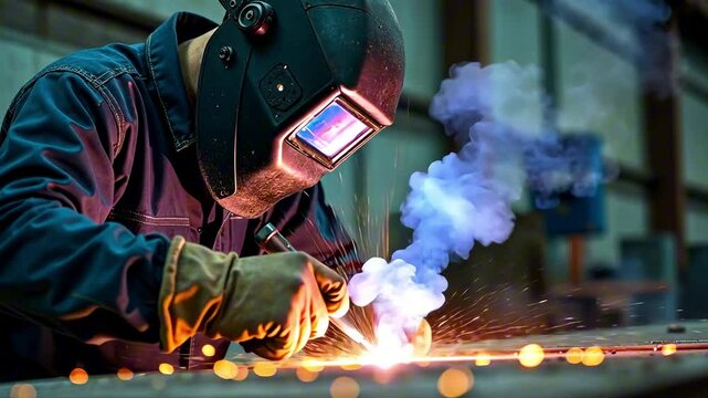 Welder working with welding torch creating sparks and smoke in industrial workshop, professional metalworker in protective mask. Concept of welding services, manufacturing industry, metalworking.
