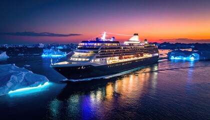 Cruise ship in arctic waters at sunset