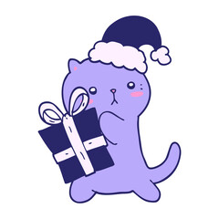 cute cartoon cat carrying christmas present in bright neon color