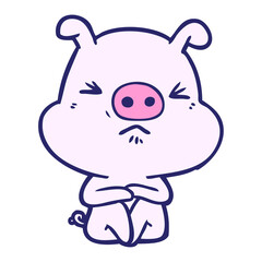 cartoon angry pig sat waiting in bright neon color