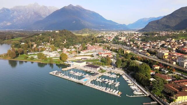 Aerial nature landscape near Colico village in Lake Como Italian Alps mountains in Lombardy