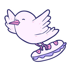 cartoon bird stealing sandwich in bright neon color