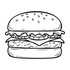Detailed hand-drawn cheeseburger sketch with lettuce, cheese, and onion layers. Vector hand-drawn doodle illustration