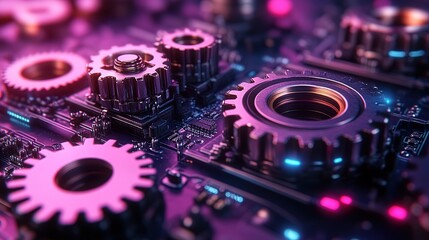Close-up view of a circuit board with multiple metal gears, illuminated with purple and blue lights, showing intricate details of technological components.