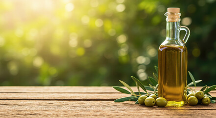 Olive oil bottle with green olives on wooden table in sunlight  