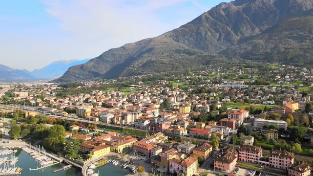 Aerial nature landscape near Colico village in Lake Como Italian Alps mountains in Lombardy