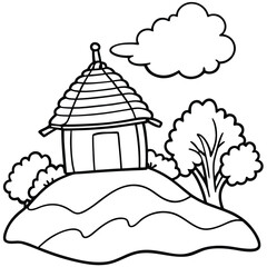 Rural hut with tree and other element kids coloring page