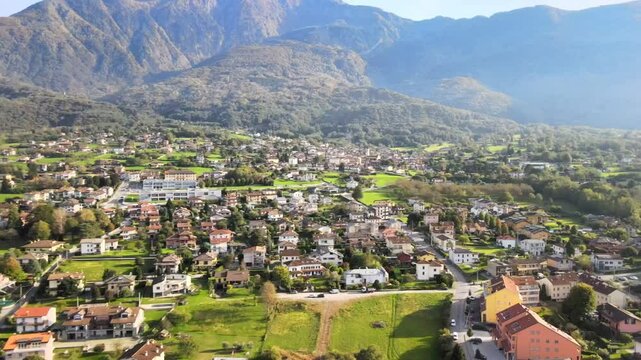 Aerial nature landscape near Colico village in Lake Como Italian Alps mountains in Lombardy