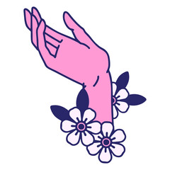 tattoo in traditional style of a hand in bright neon color