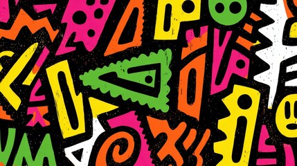 Bright memphis pattern featuring colorful geometric shapes and wavy lines, capturing energetic 80s 90s graphic design style with retro inspired visual dynamism