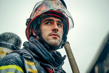 Portrait of a firefighter in helmet and full gear, standing outdoors in rainy weather with a serious expression.