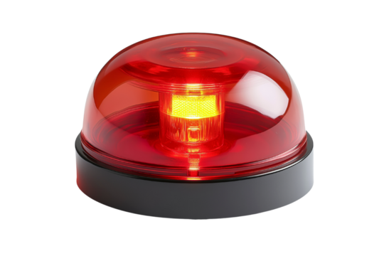 Red emergency warning beacon light with a glowing yellow core, isolated on a transparent background.