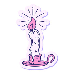sticker of a tattoo style spooky melting candle in bright neon color