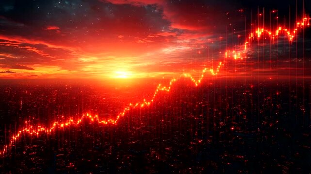 Red chart rising over dark cityscape under fiery sunset