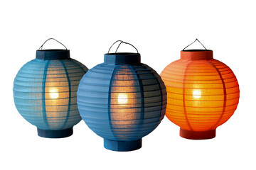 Three colorful paper lanterns glowing from within on transparent background.