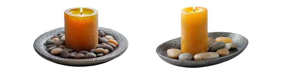 Collection of two burning pillar candles placed on decorative stone trays with pebbles, transparent background.