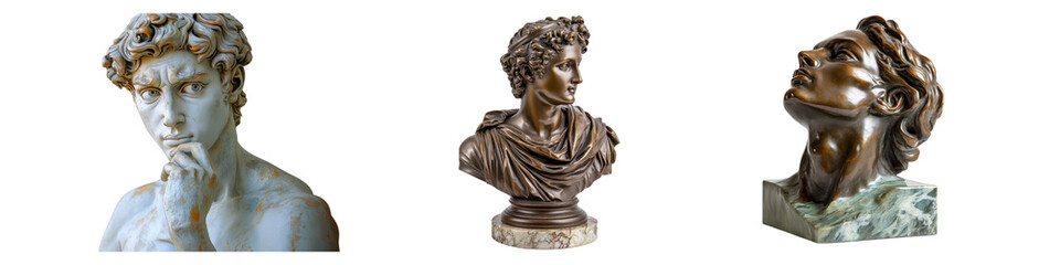 Collection of classical busts in different materials and expressions, transparent background.