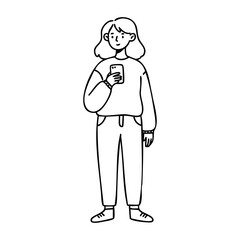 Obraz premium Young caucasian female using smartphone in casual outfit. Vector hand-drawn doodle illustration