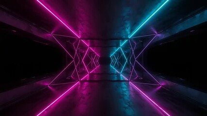 Abstract geometric pattern features glowing pink and blue neon lights The symmetrical design creates a futuristic tunnel effect in a dark reflective space - Powered by Adobe